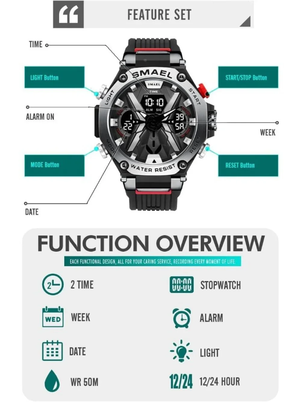 Men's Black Silver Analog Quartz Sports Waterproof Military Alarm Digital Watch